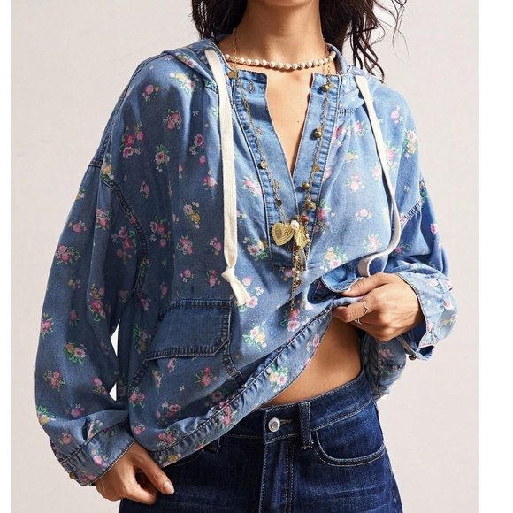 Medium Wash V neck Floral Print Oversized Denim Jean Hoodie Shirt - Picture 2 of 6